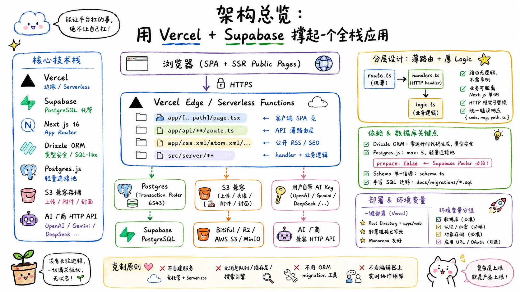 架构总览:用 Vercel + Supabase 撑起一个全栈应用 的总结图