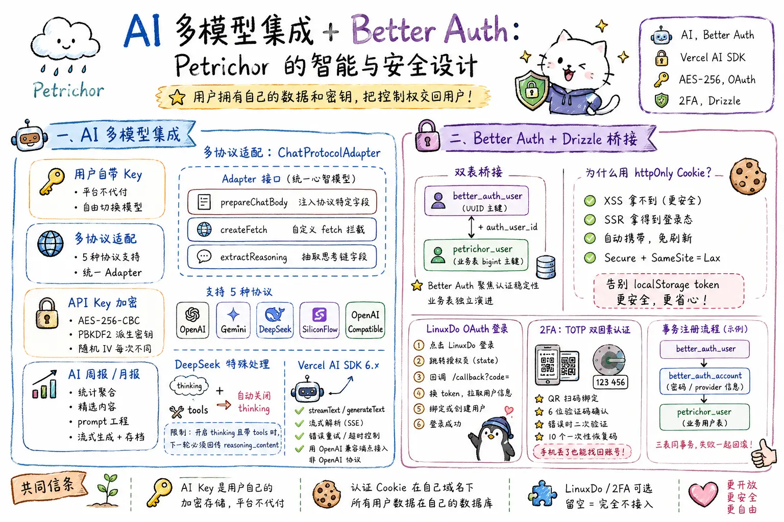 AI 多模型集成 + Better Auth:智能与安全设计 的总结图
